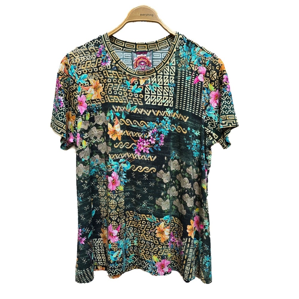 Johnny Was XL Floral Tee Shirt Black Boho Swing Top Bamboo Blend Short Sleeve